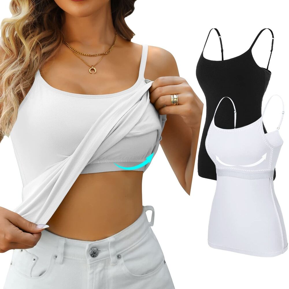 V FOR CITY Women's Cotton Tank Top 2 Pack Shelf Bra Cami Adjustable Strap